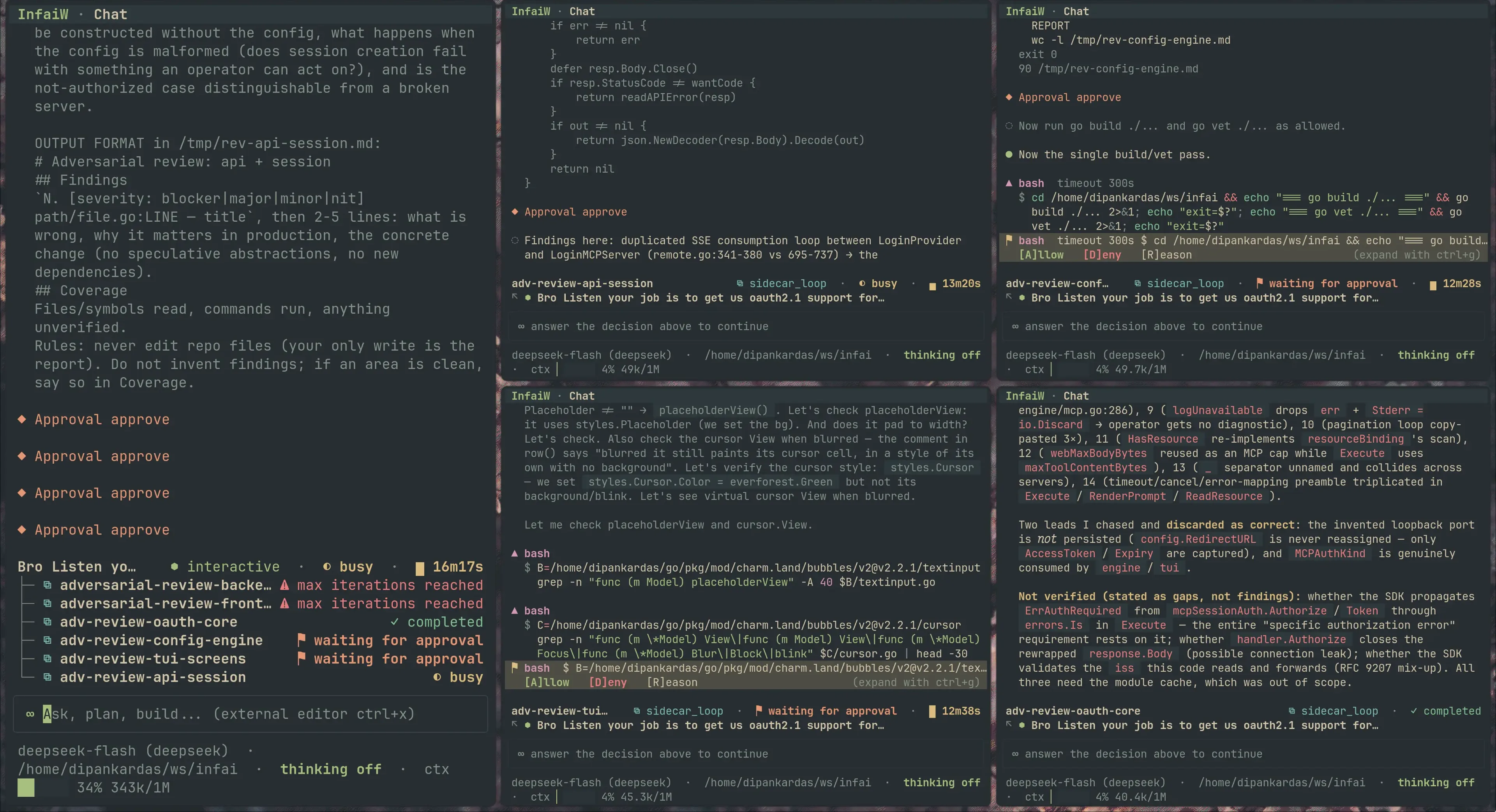 Four infaiw sessions side by side: a parent session tracking six sidecar loops that are busy, waiting for approval, completed, or stopped at max iterations, next to three sidecar sessions with pending bash approvals