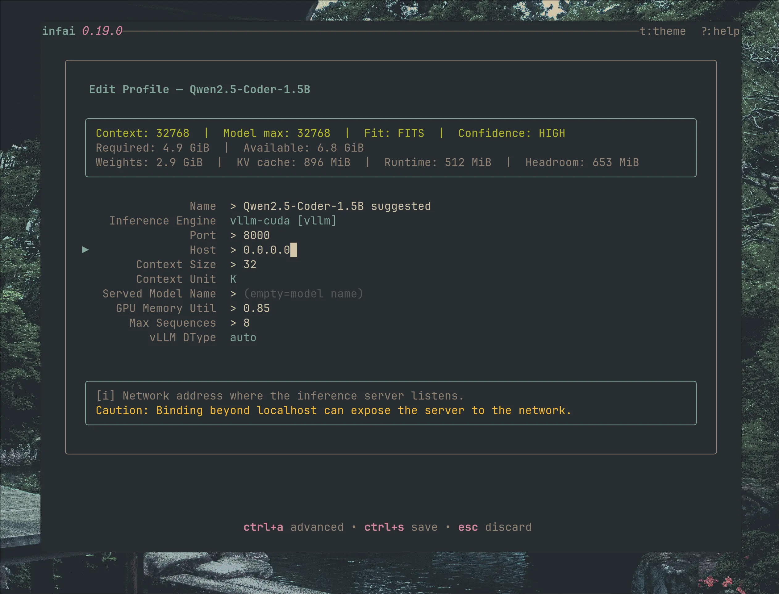 infai profile editor with context size, GPU layers, cache types, flash attention and sampling fields